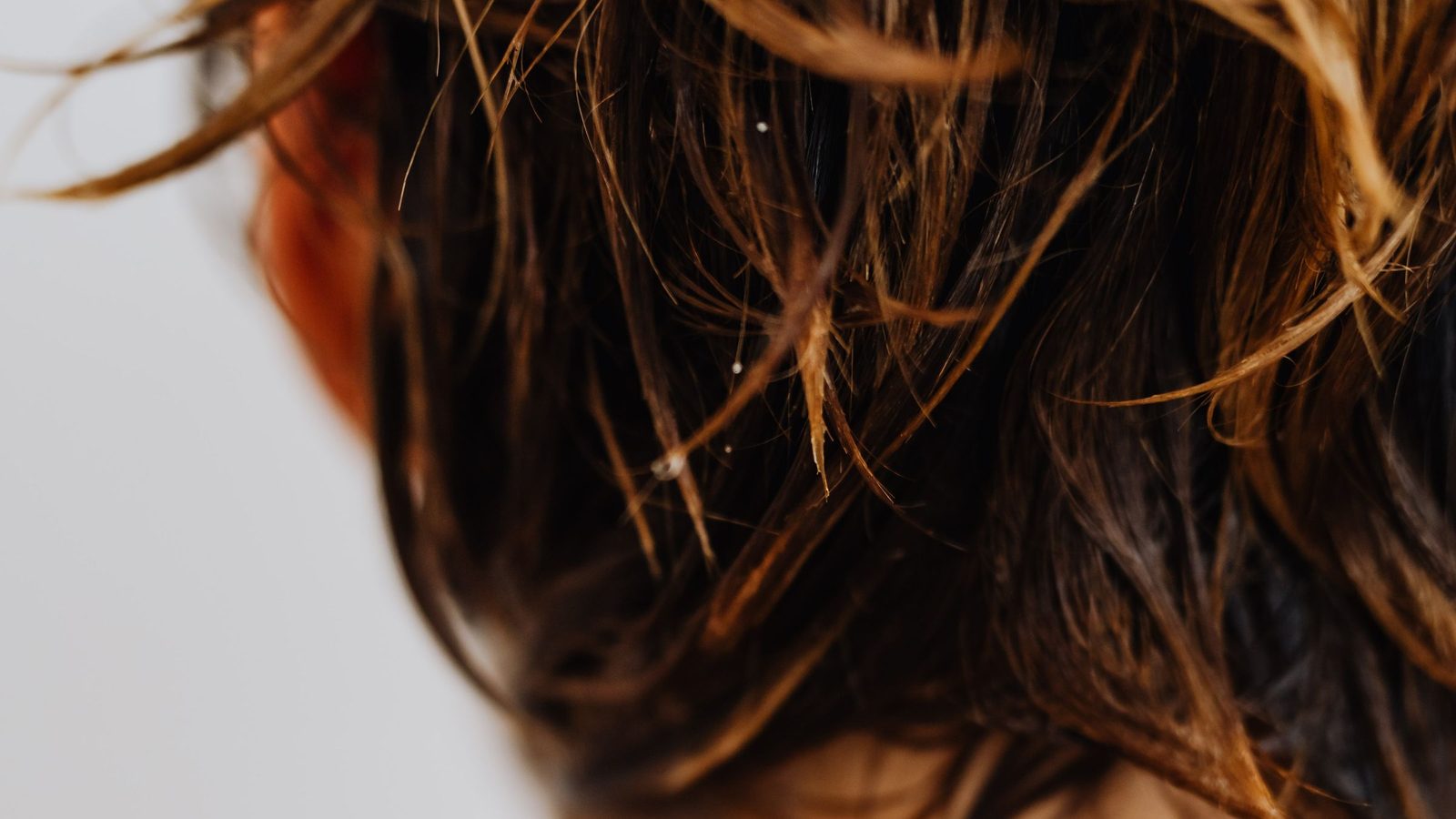 Gouttelettes d'eau sur des mèches de cheveux